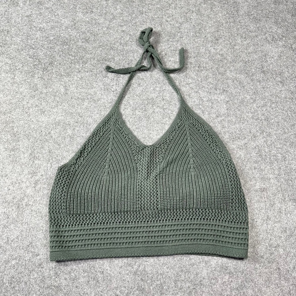 Sage Green Knit Halter Crop Top Pointelle V-Neck Boho Sleeveless Festival Indie